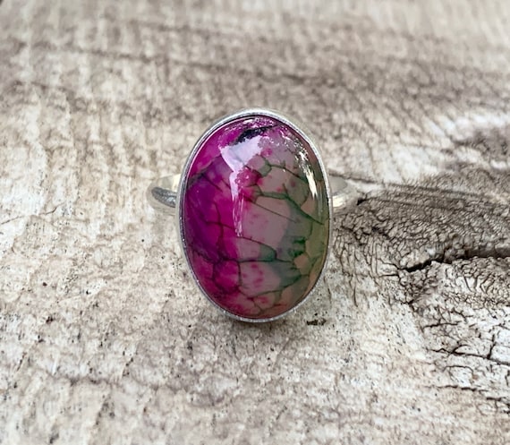 Small Purple Pink Green Veined Oval Dragon Agate Sterling Silver Ring | Agate Ring | Choose Your Gemstone | Boho | One Of A Kind Jewelry