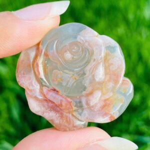 Flower Agate Rose Carving: White, Pink, And Green Crystal