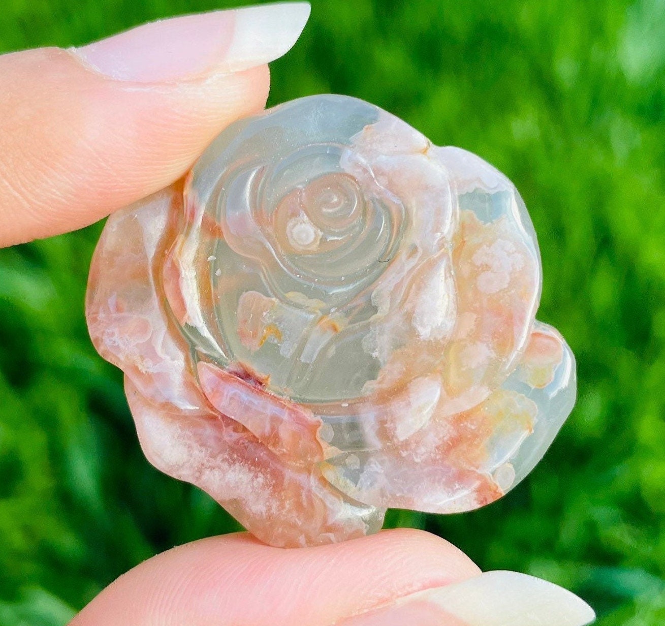 Flower Agate Rose Carving: White, Pink, And Green Crystal