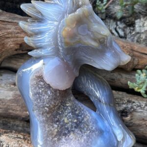 Grey Agate Geode Wolf Carving