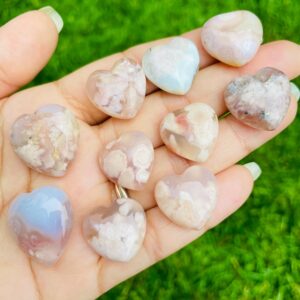 Mini Flower Agate Heart Crystal: Polished Sakura Agate Gemstone (15-20mm)