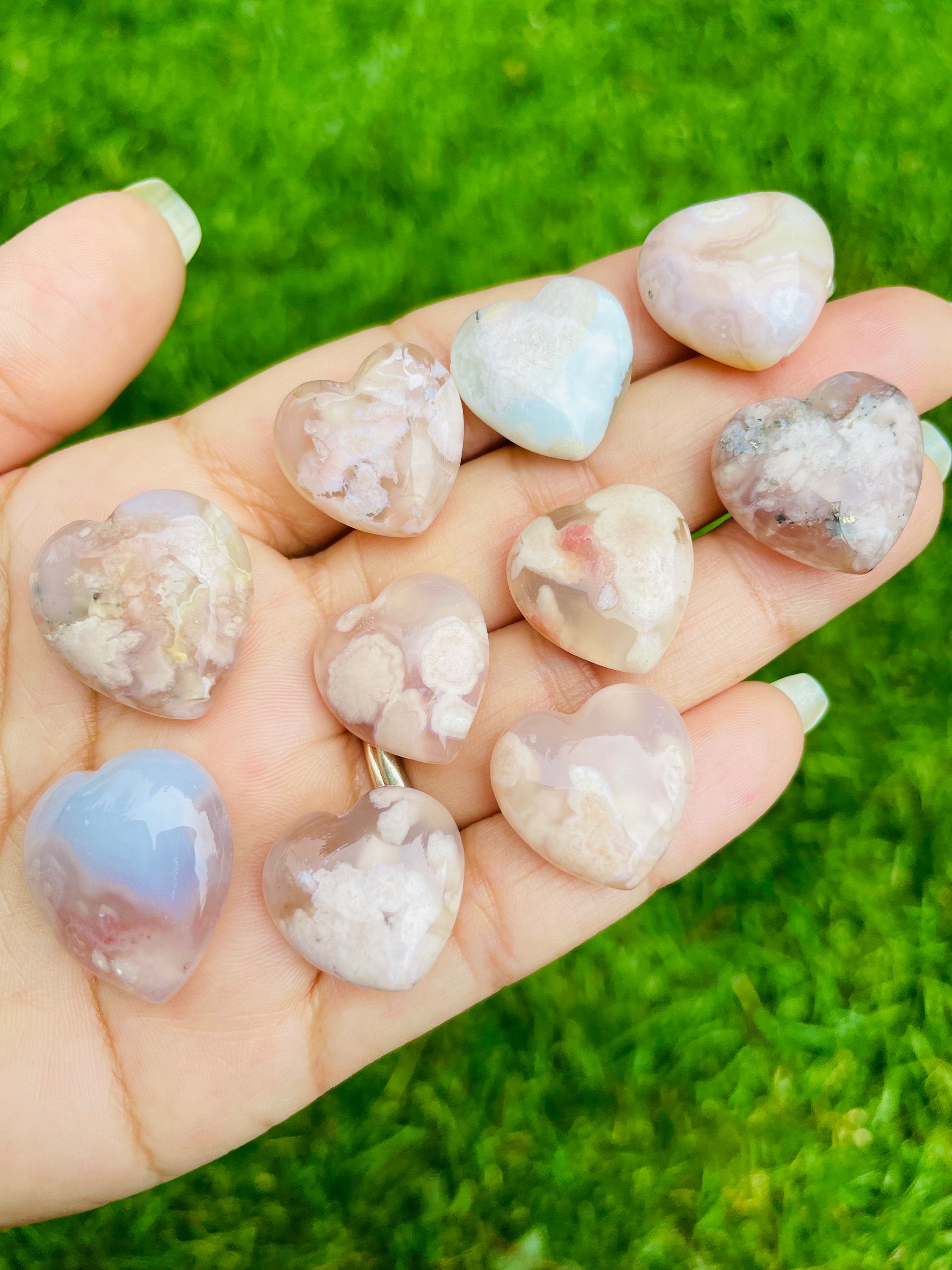 Mini Flower Agate Heart Crystal: Polished Sakura Agate Gemstone (15-20mm)