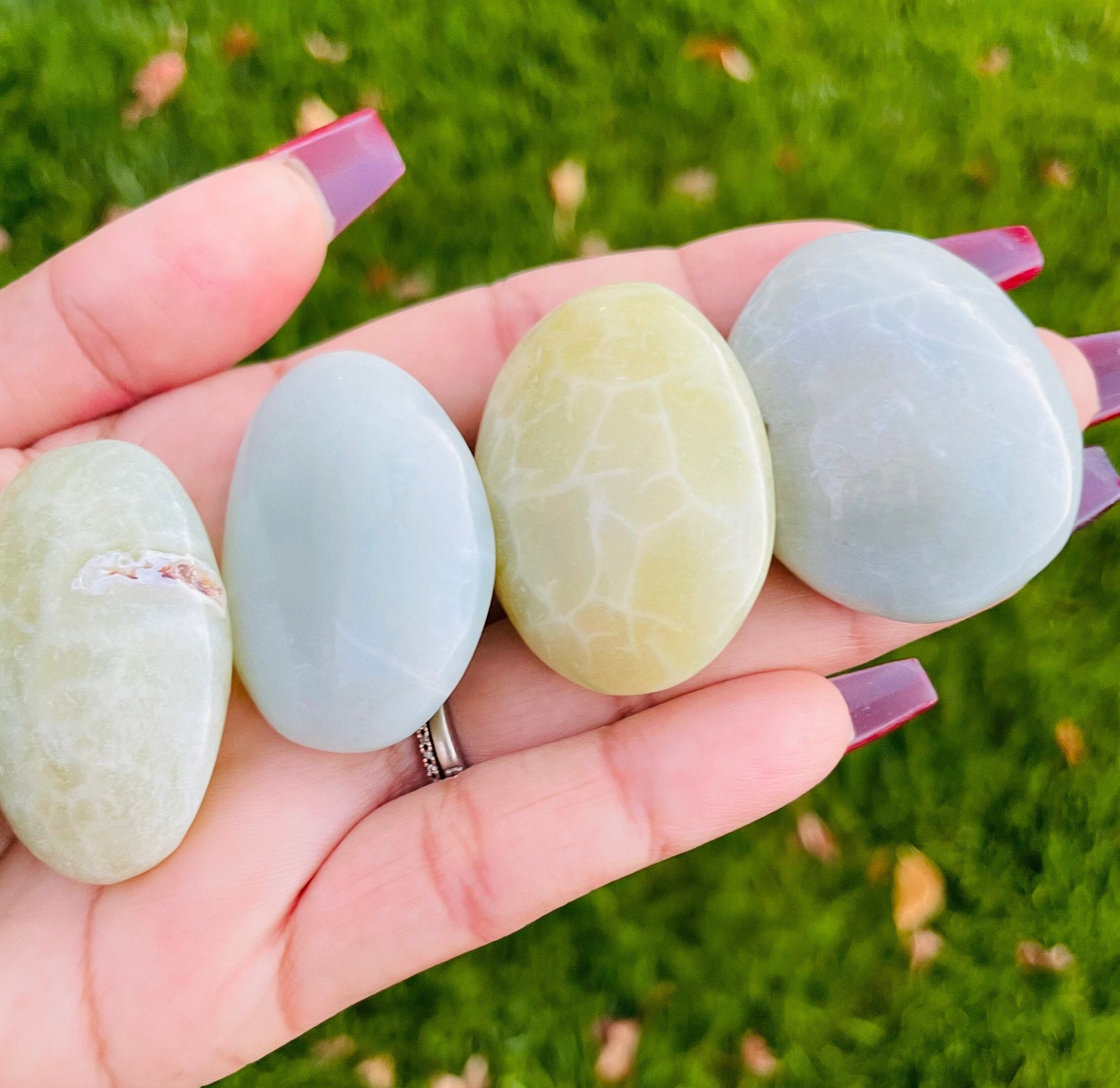 Pastel Green Blue Agate Palm Stone: Polished Crystal Pebble (30-45mm)
