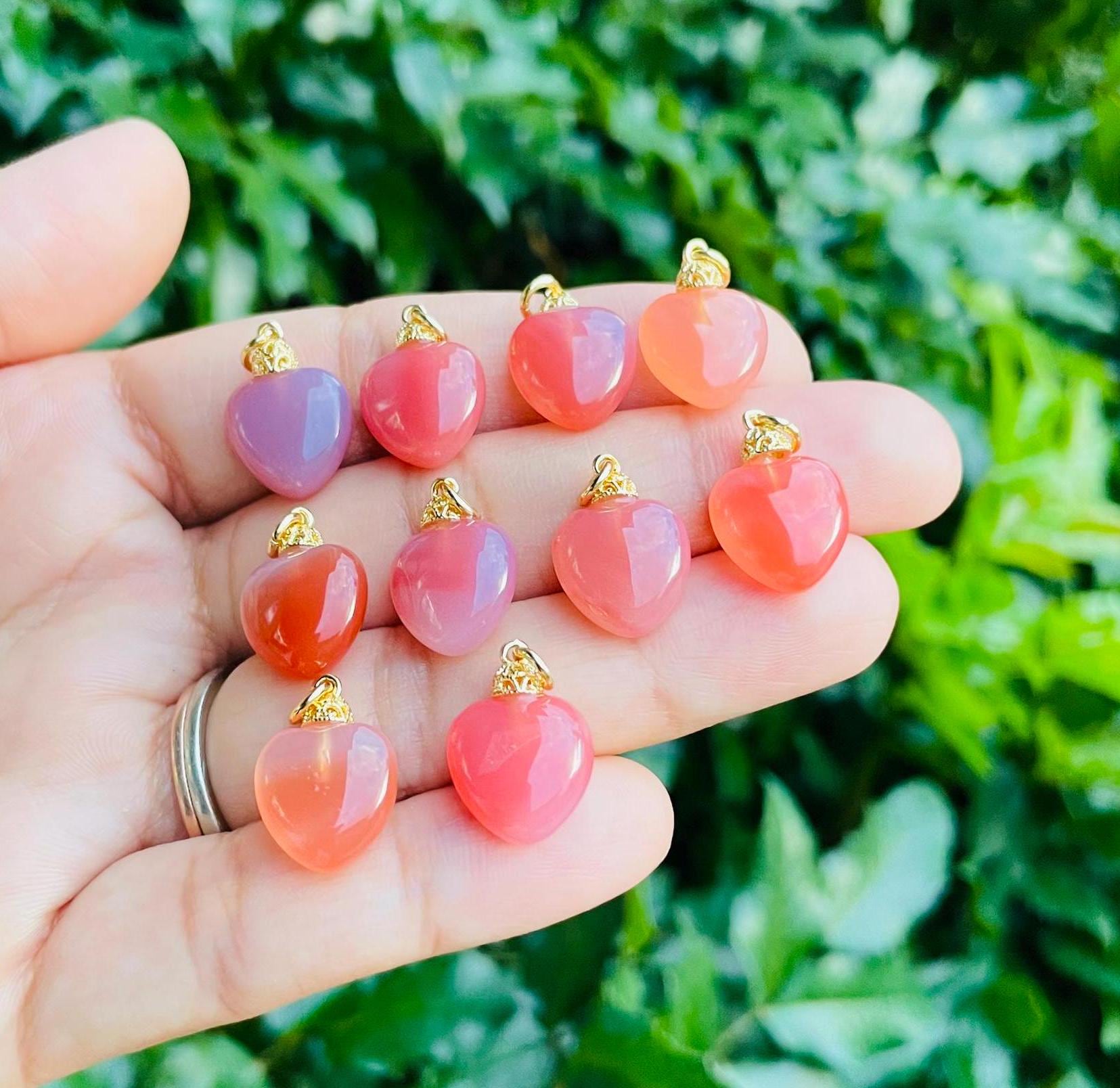 Pink Red Orange Agate Crystal Heart Charm: Polished Red Gemstone From Sichuan, China