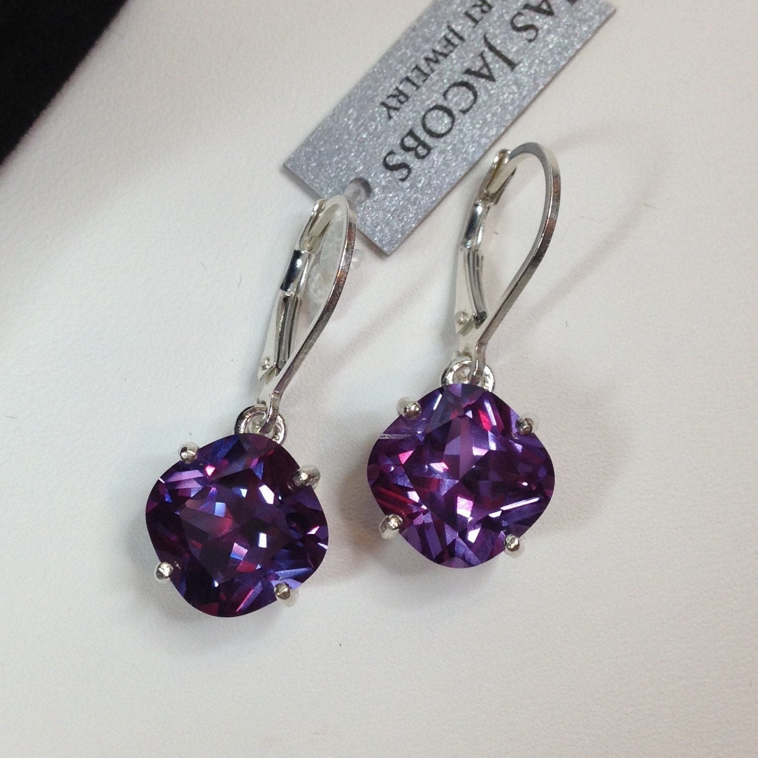 10ct Cushion Cut Alexandrite Dangle Earrings: Solid Gold Lever Backs