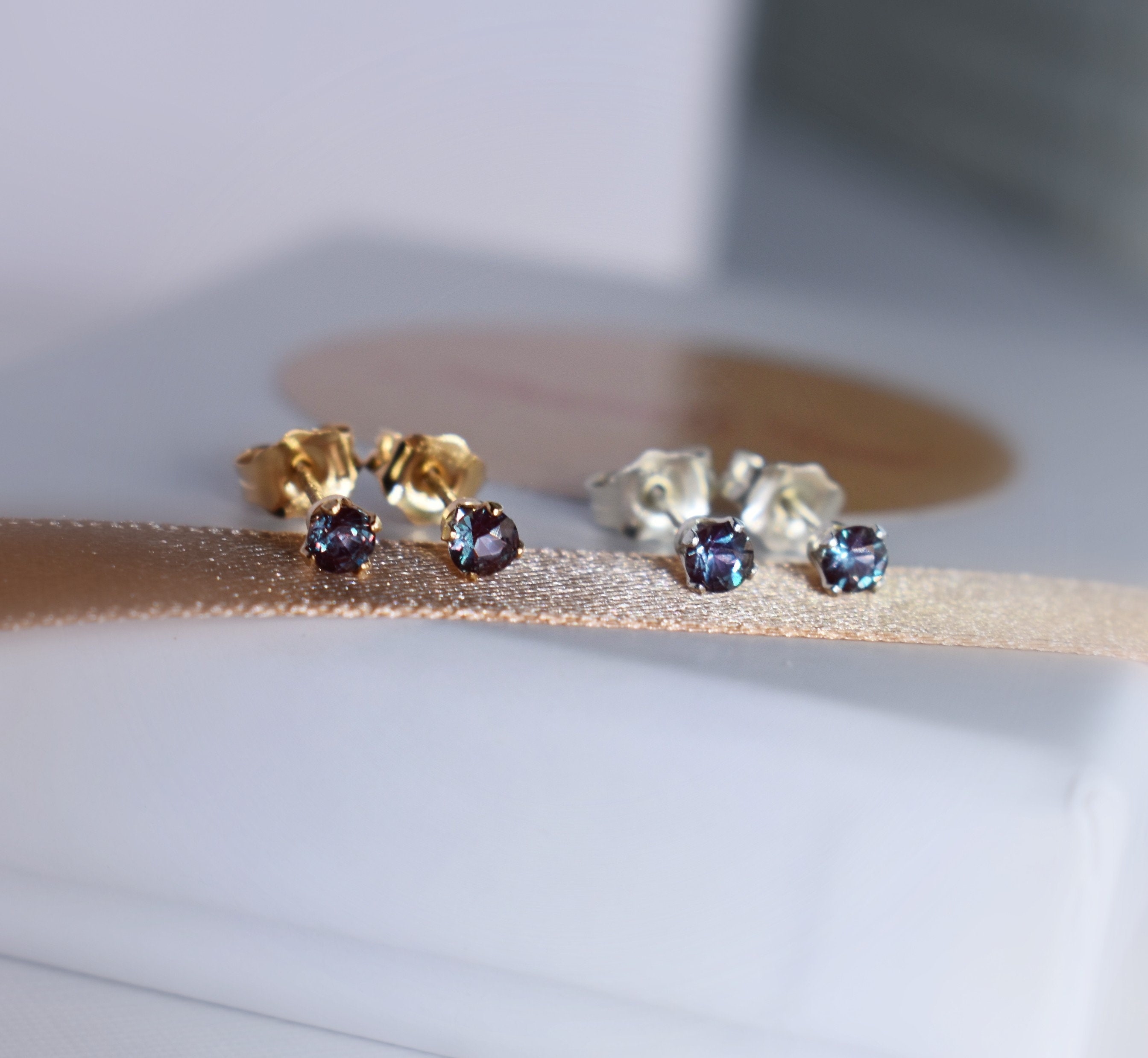 3mm Alexandrite Studs - Alexandrite Stud Earrings - Tiny Alexandrite Studs - 3mm Gold Studs - 3mm Silver Studs - June Birthstone