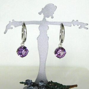 Alexandrite 8mm Drop Earrings:  Purple Pink Color Change, Sterling Silver, June Birthstone