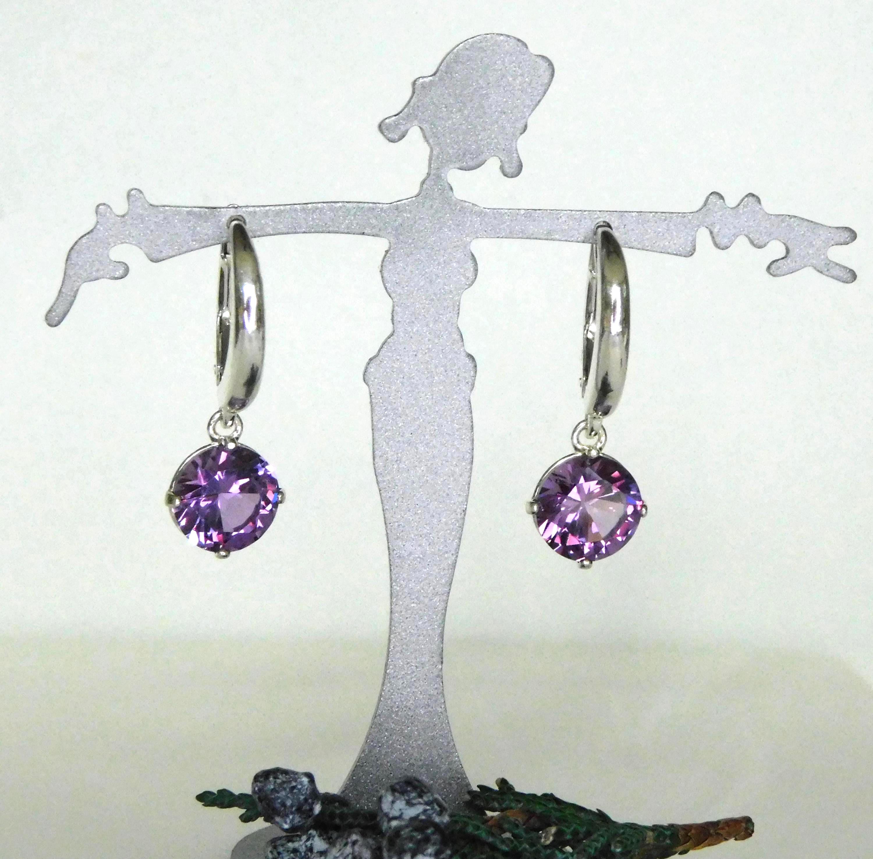 Alexandrite 8mm Drop Earrings: Purple Pink Color Change, Sterling Silver, June Birthstone