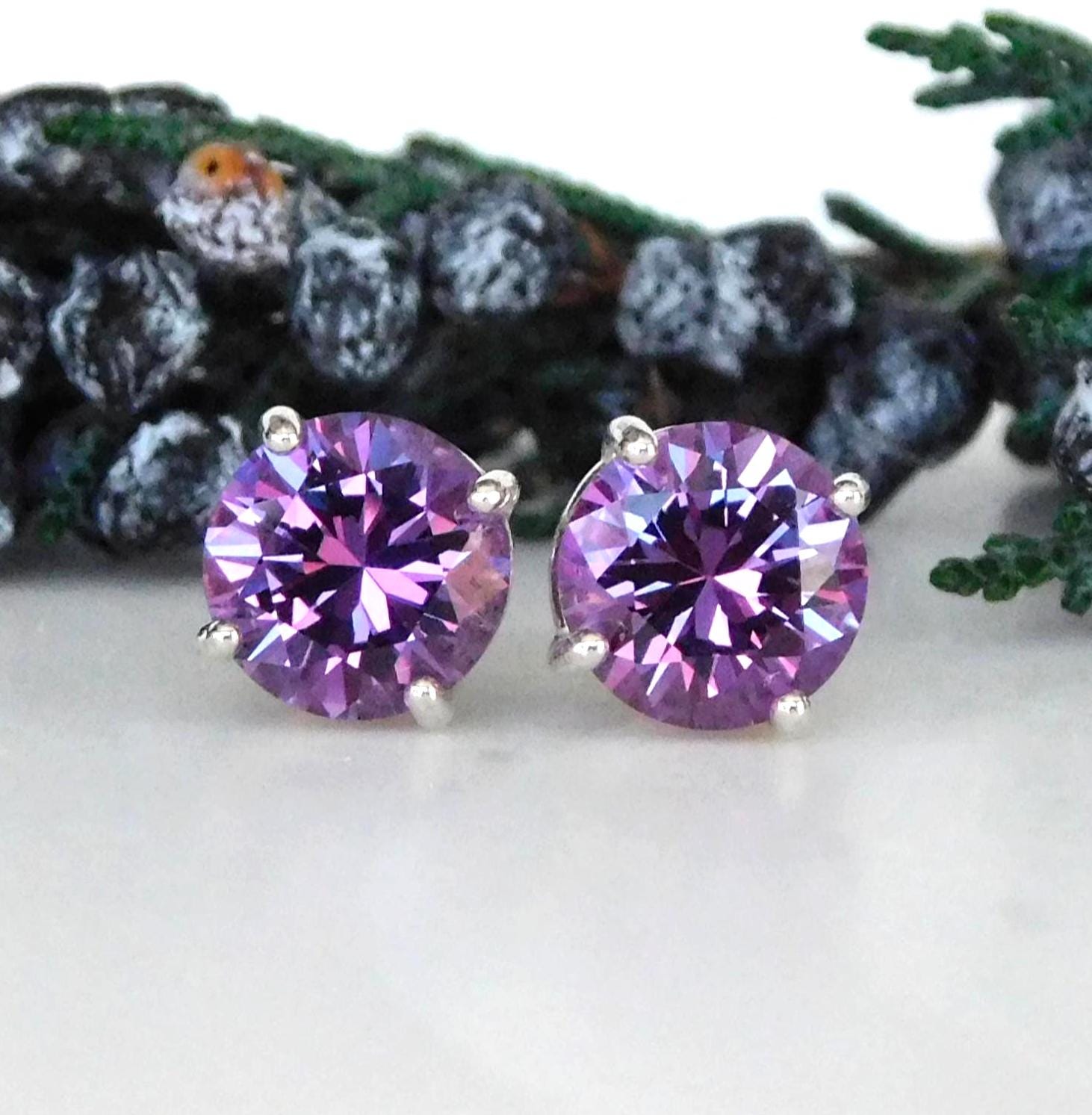 Alexandrite 8mm Stud Earrings: Purple To Pink Color Change, Sterling Silver, June Birthstone