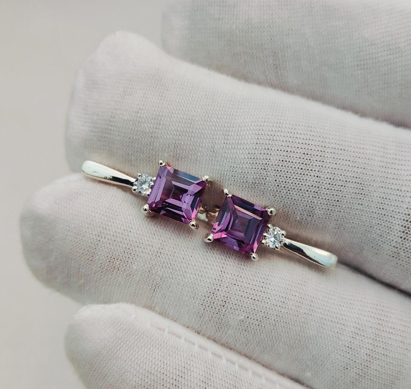 Alexandrite Earrings 925 Silver Earrings, Latch Back Alexandrite Earrings Square Cut Alexandrite Earrings, Russian Lock Alexandrite Earrings