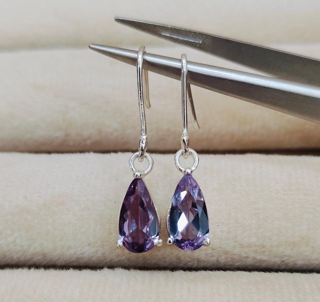 Alexandrite Earrings, 925 Sterling Silver Earrings, Pear Cut Alexandrite Earrings Alexandrite Drop Earrings Lab Grown Alexandrite Earring