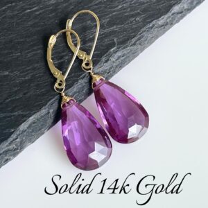 Alexandrite Earrings, Color Change Teardrop Statement Earrings Genuine 14k Gold, June Birthstone, Magenta Alexandrite Jewelry Holiday Gift