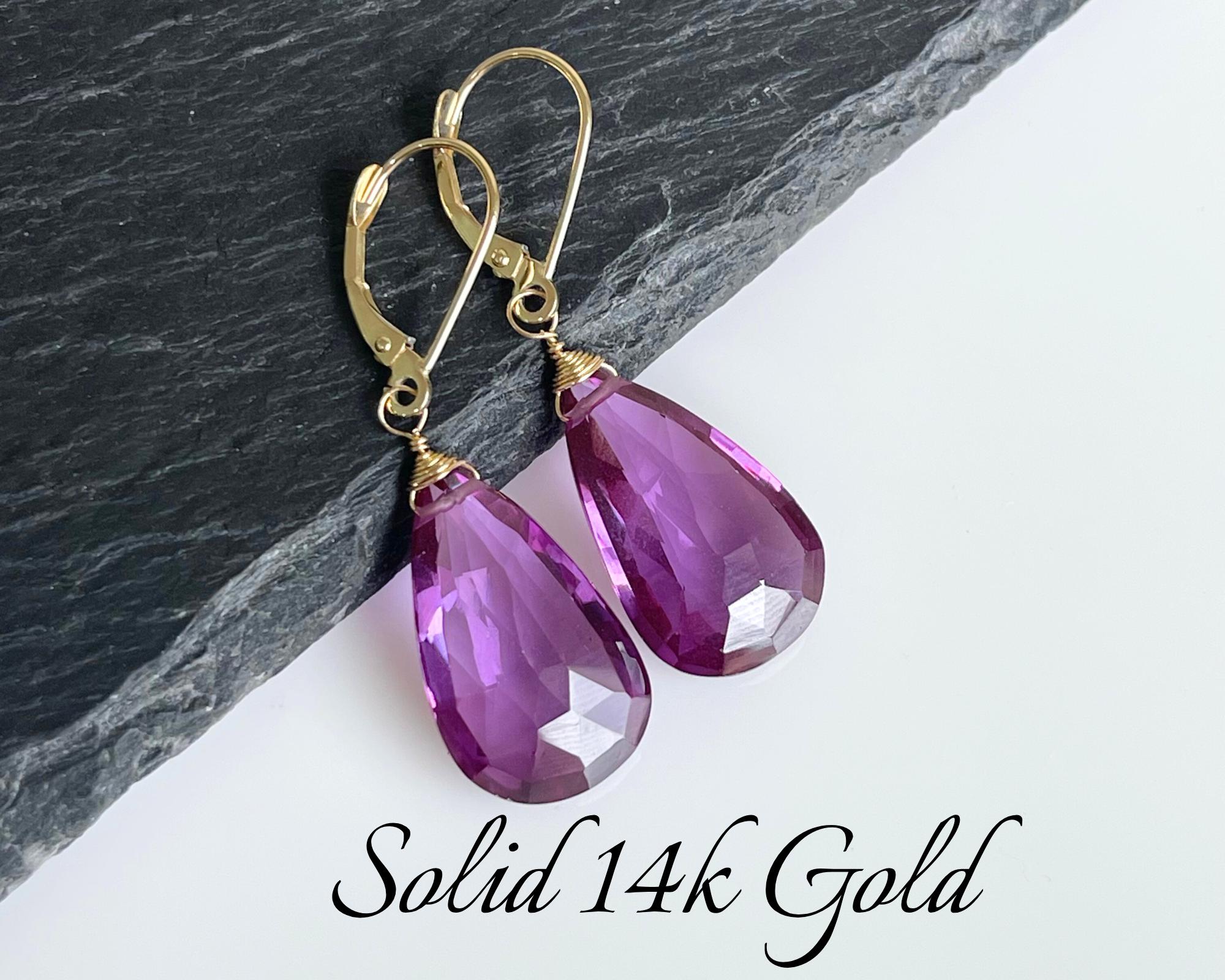 Alexandrite Earrings, Color Change Teardrop Statement Earrings Genuine 14k Gold, June Birthstone, Magenta Alexandrite Jewelry Holiday Gift