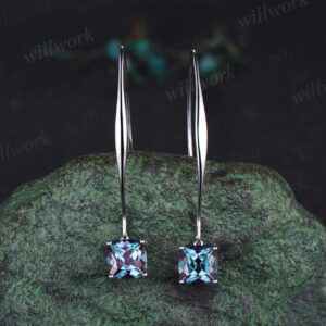 Cushion Cut Alexandrite Earrings Solid 14k White Gold Dainty Unique Drop Earrings Women Anniversary Gift