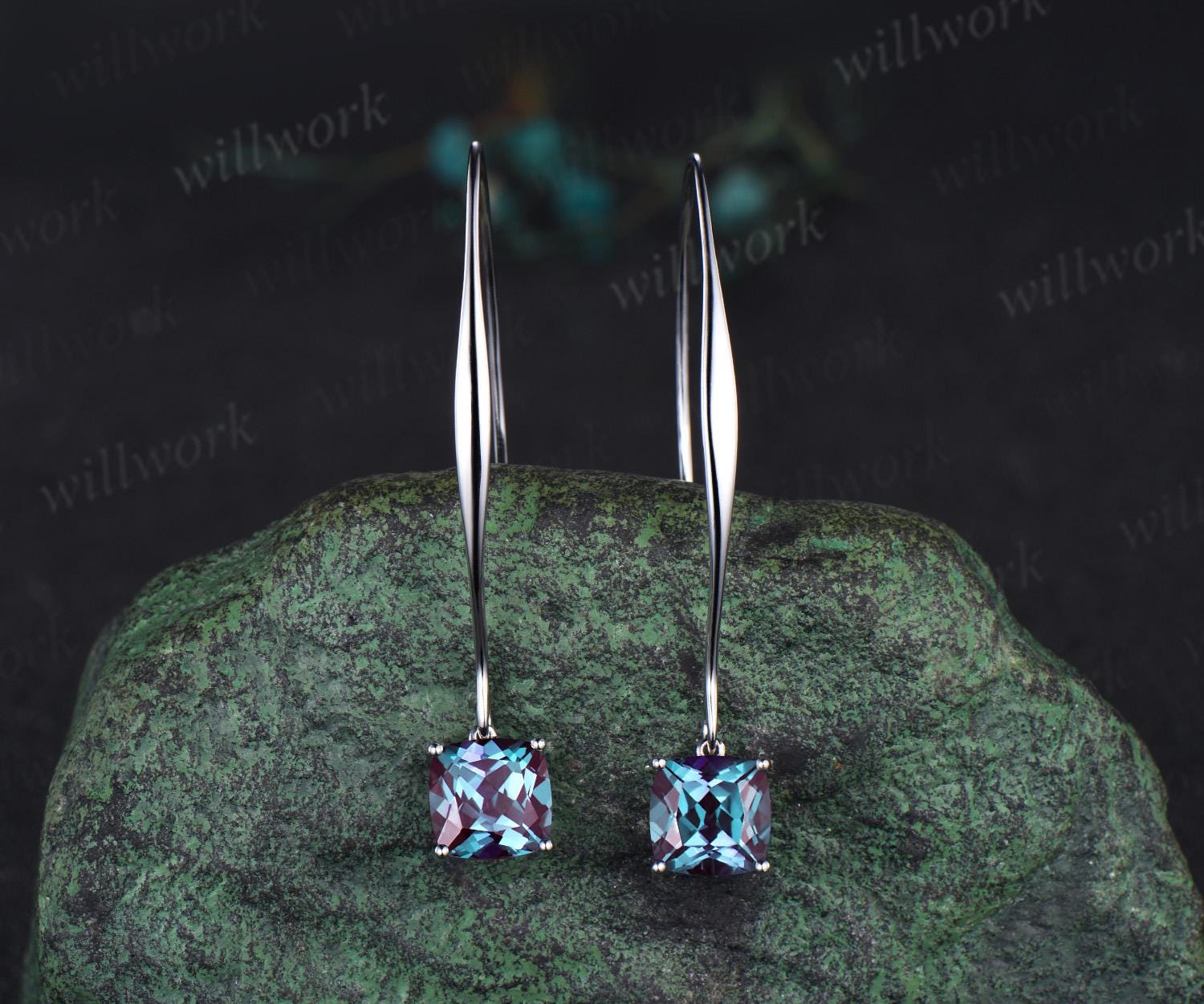 Cushion Cut Alexandrite Earrings Solid 14k White Gold Dainty Unique Drop Earrings Women Anniversary Gift