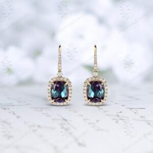Alexandrite Dangle Drop Earrings For Women 925 Silver Alexandrite Wedding Earring Unique Halo Style Bridal Earring Anniversary Gift For Her