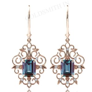 Emerald Cut Alexandrite Earrings Filigree Style Earrings Dangle Drop Earring Art Deco Wedding Earrings Anniversary Gift Handmade Earrings