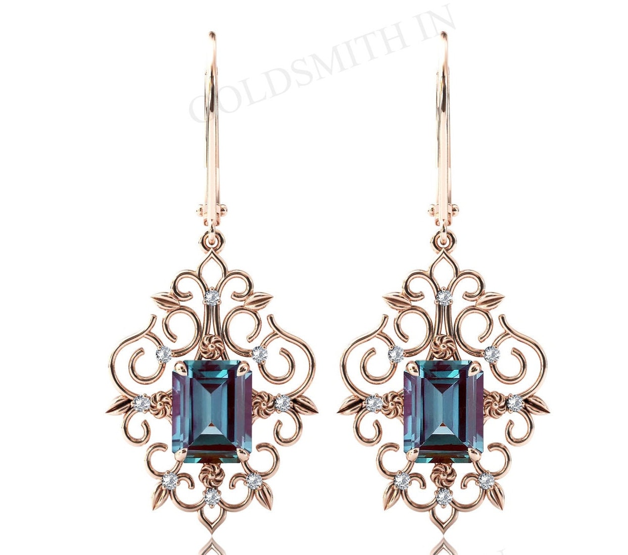 Emerald Cut Alexandrite Earrings Filigree Style Earrings Dangle Drop Earring Art Deco Wedding Earrings Anniversary Gift Handmade Earrings
