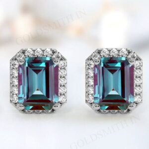 Emerald Cut Alexandrite Halo Style Earrings Color Changing Alexandrite Gemstone Earrings 925 Silver Alexandrite Stud Earrings Gift For Women