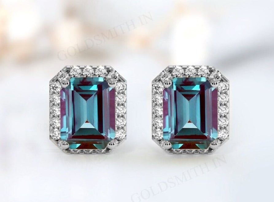 Emerald Cut Alexandrite Halo Style Earrings Color Changing Alexandrite Gemstone Earrings 925 Silver Alexandrite Stud Earrings Gift For Women