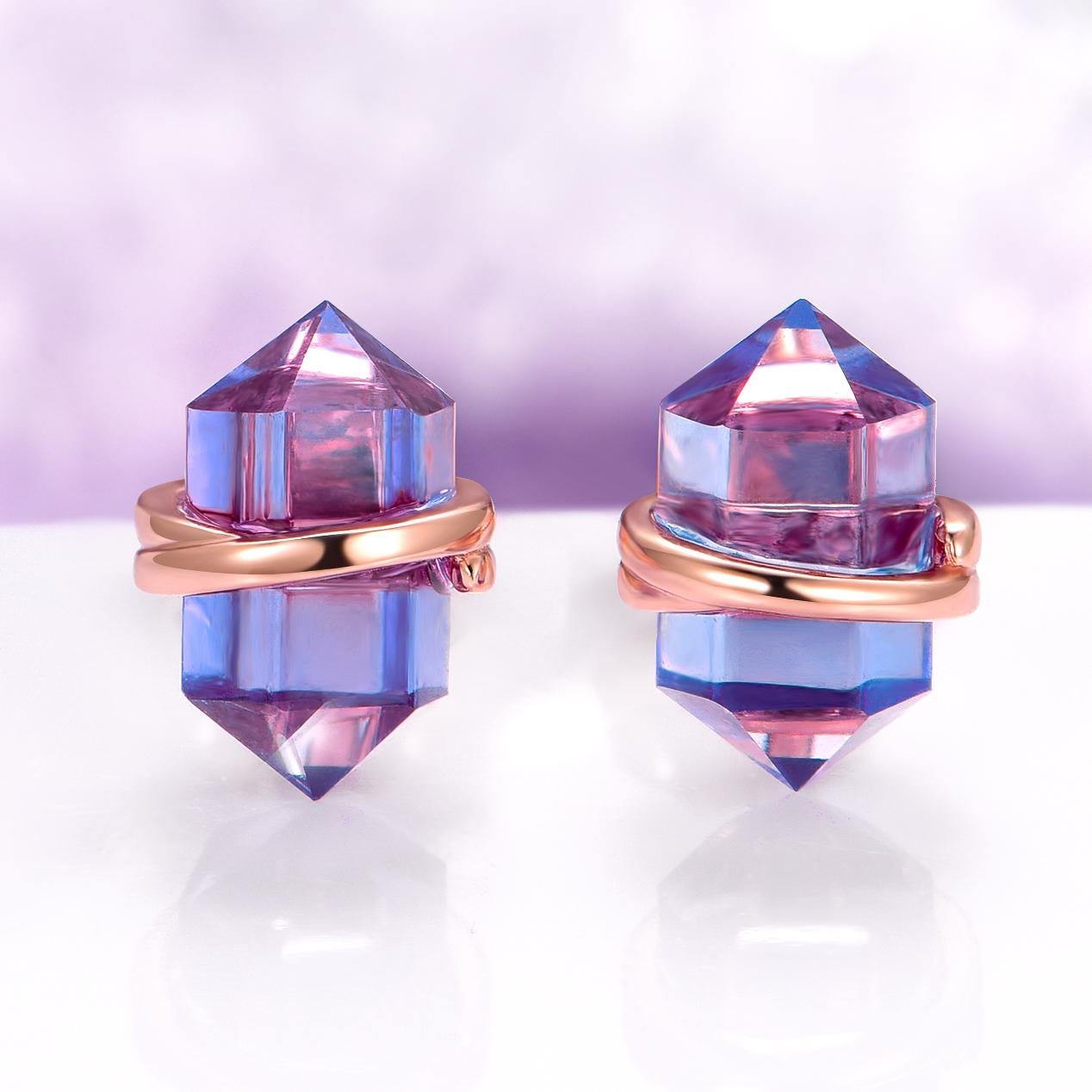 Minimalist Alexandrite Earrings In 14k Rose Gold Vermeil- Raw Crystal Unique Studs Unique June Birthstone Jewelry Anniversary Gift For Her