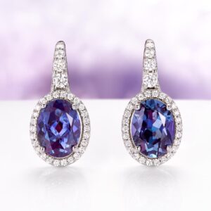 Oval Alexandrite Dangle Earrings in 925 Sterling Silver- Hypoallergenic/ Waterproof - Teal & Purple Bridal Jewelry Anniversary Gifts For Her