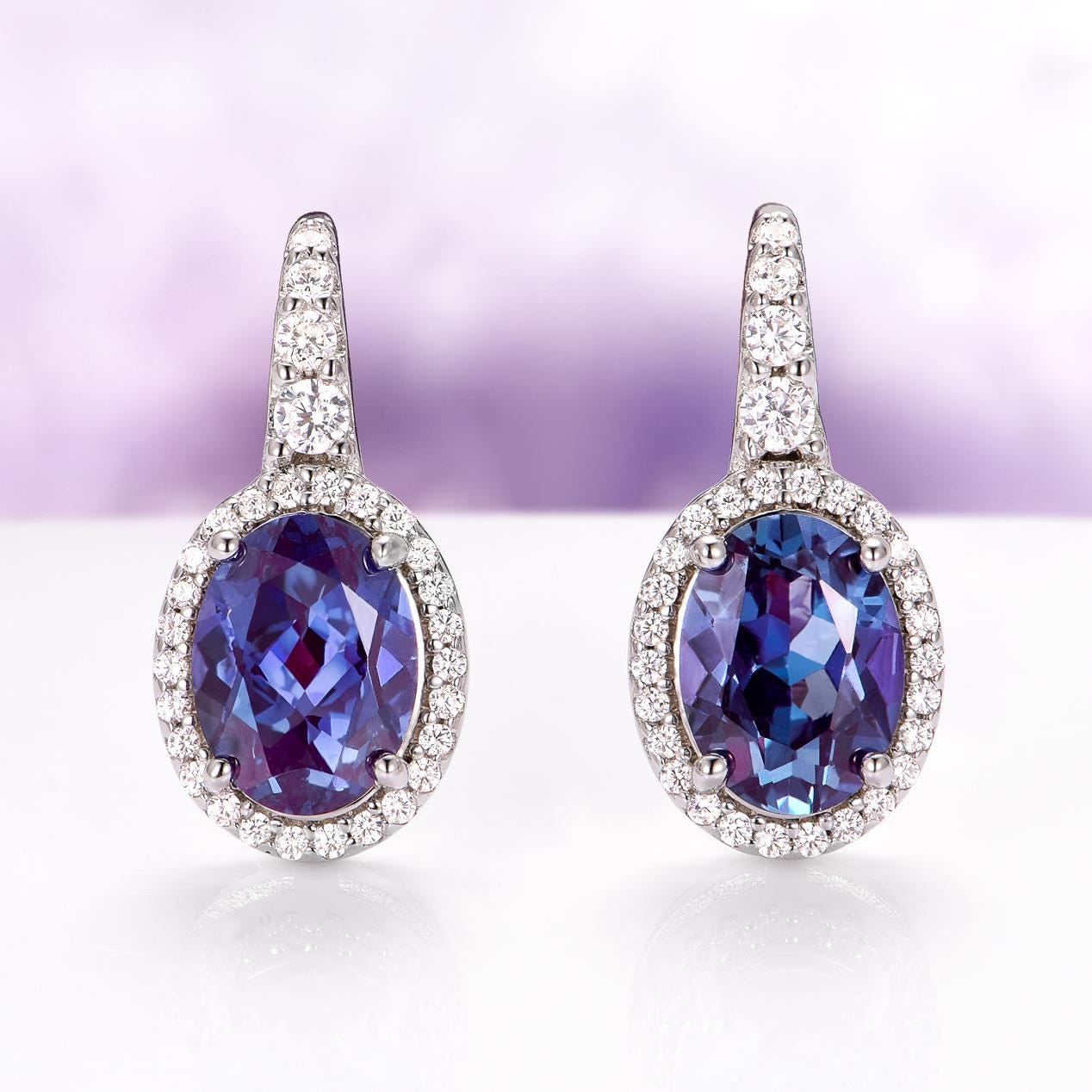 Oval Alexandrite Dangle Earrings In 925 Sterling Silver- Hypoallergenic/ Waterproof - Teal & Purple Bridal Jewelry Anniversary Gifts For Her
