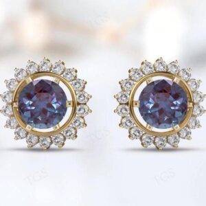 Round Cut Alexandrite Halo Earrings For Her 925 Silver Alexandrite Stud Earrings Color Changing Gemstone Earrings Wedding Earrings for Women
