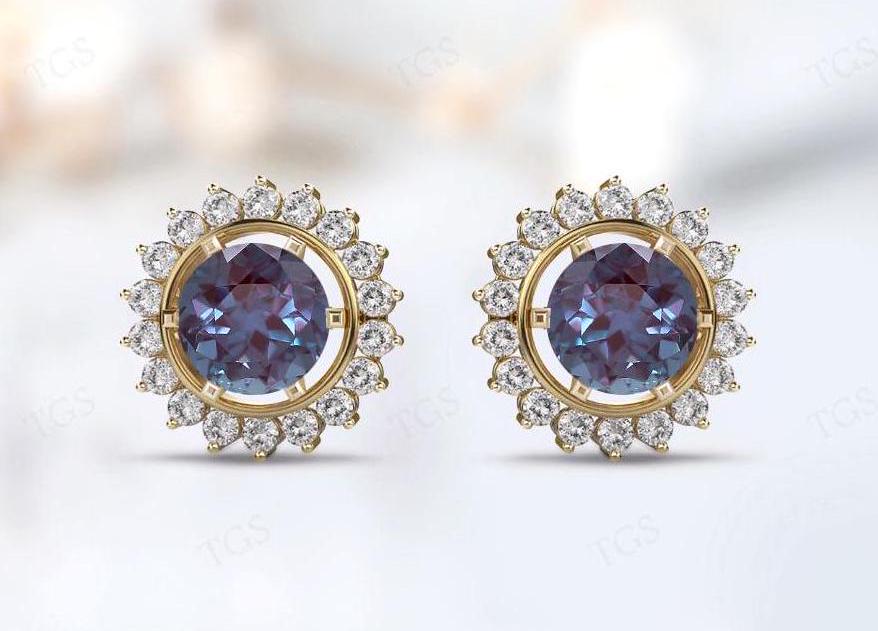 Round Cut Alexandrite Halo Earrings For Her 925 Silver Alexandrite Stud Earrings Color Changing Gemstone Earrings Wedding Earrings For Women