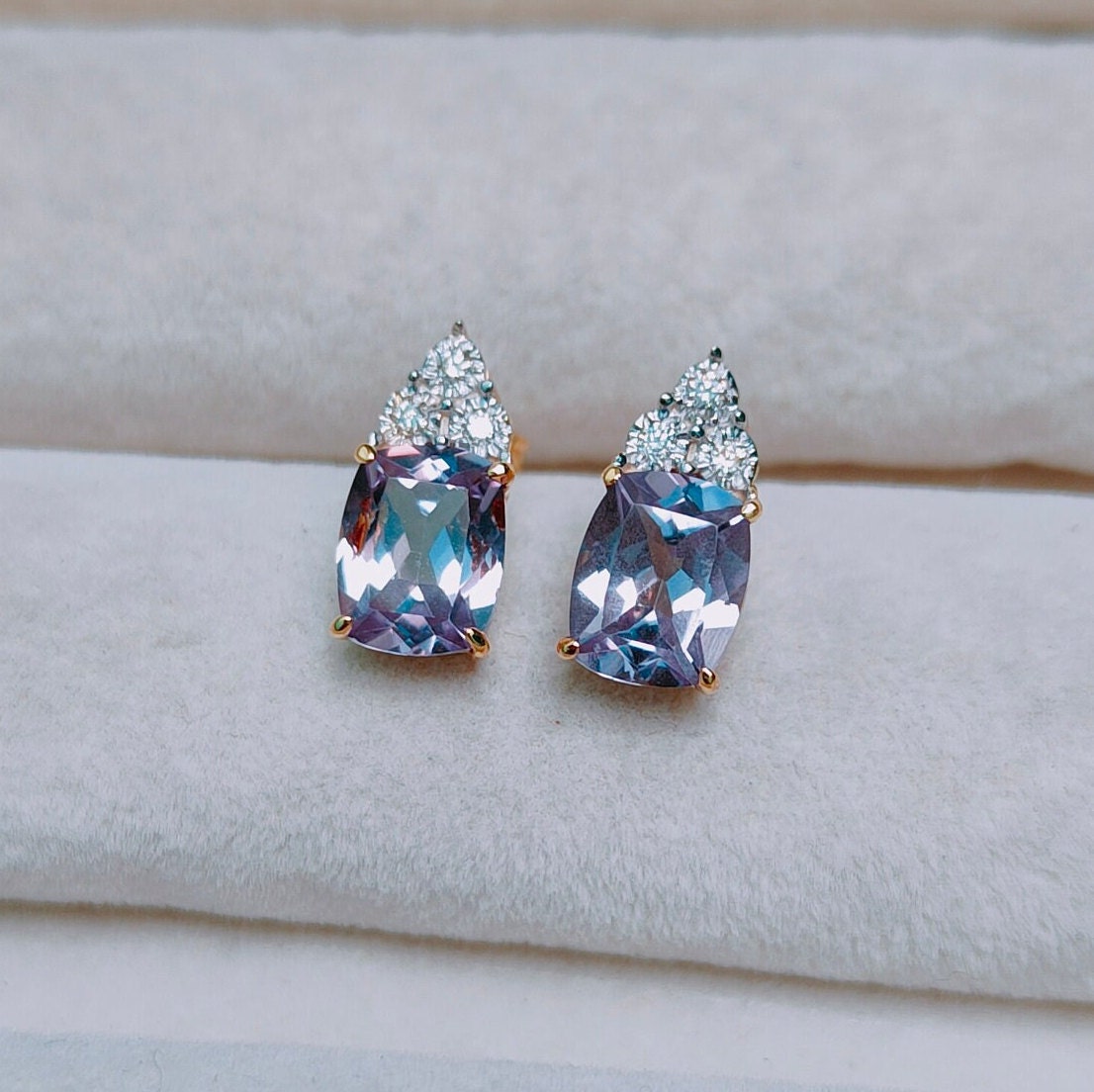 Alexandrite Stud Earrings 14k Gold Stud Earrings Cushion Cut Alexandrite Stud Earrings Color Change Stone Stud Lab Grown Alexandrite