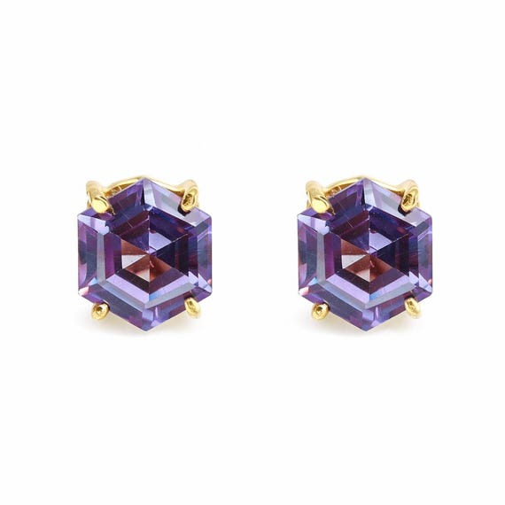 Alexandrite Stud Earrings: 8mm Hexagon, Sterling Silver Studs - Wedding Gift