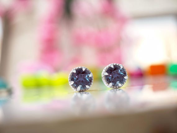 Alexandrite Stud Earrings For Women 925 Sterling Silver Statement Earrings Unique Minimalist Wedding Earrings Dainty Gemstone Studs For Her