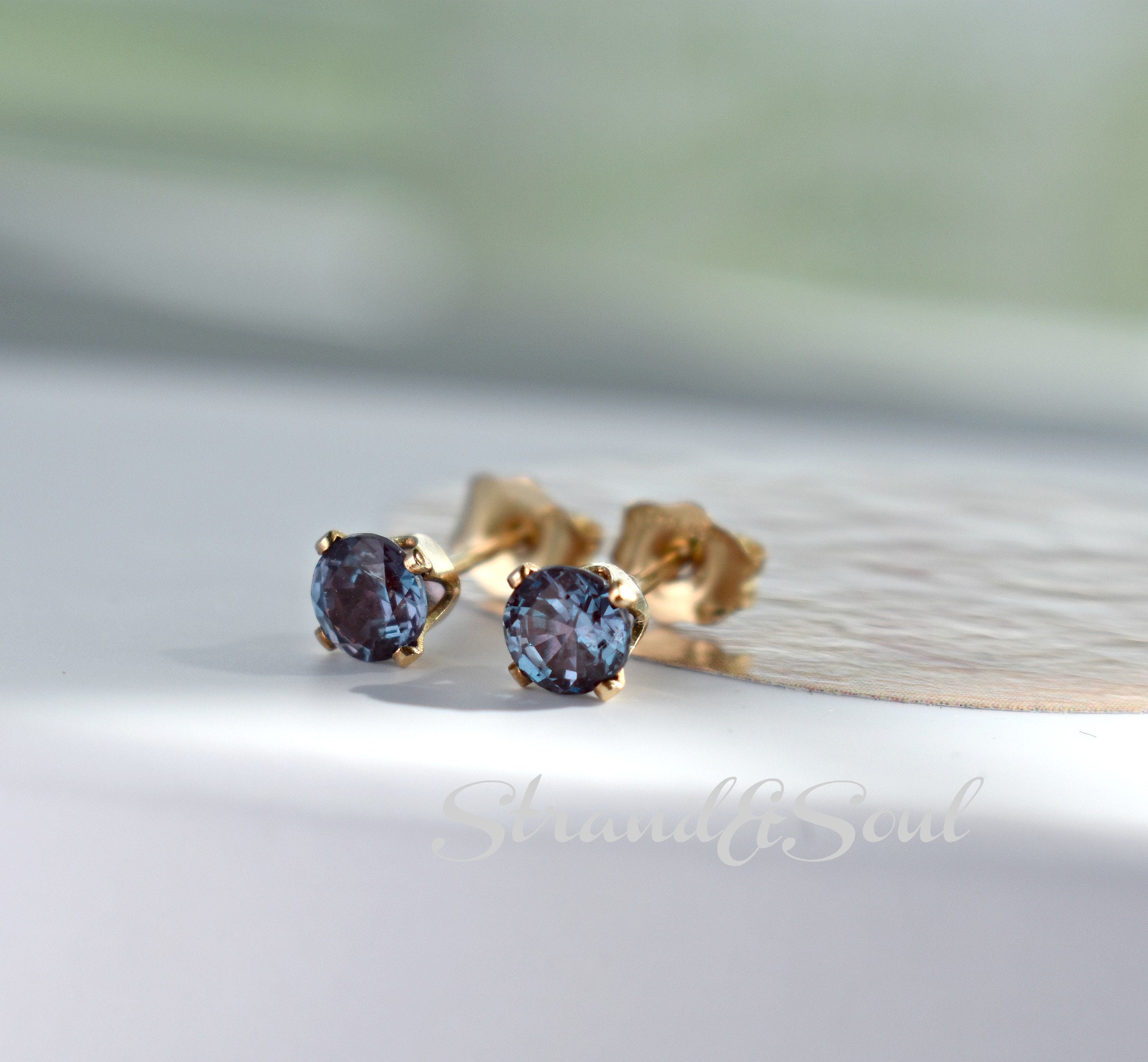 Alexandrite Stud Earrings In Gold - Alexandrite Gold Studs - June Birthstone - 4mm Studs - Gold Studs Alexandrite Stud Earrings In Gold - Alexandrite Gold Studs - June Birthstone - 4mm Studs - Gold Studs