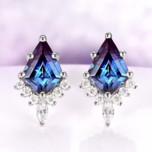Alexandrite Stud Earrings in Sterling Silver – Kite Cut Color Change June Birthstone Earrings, Geometric Jewelry