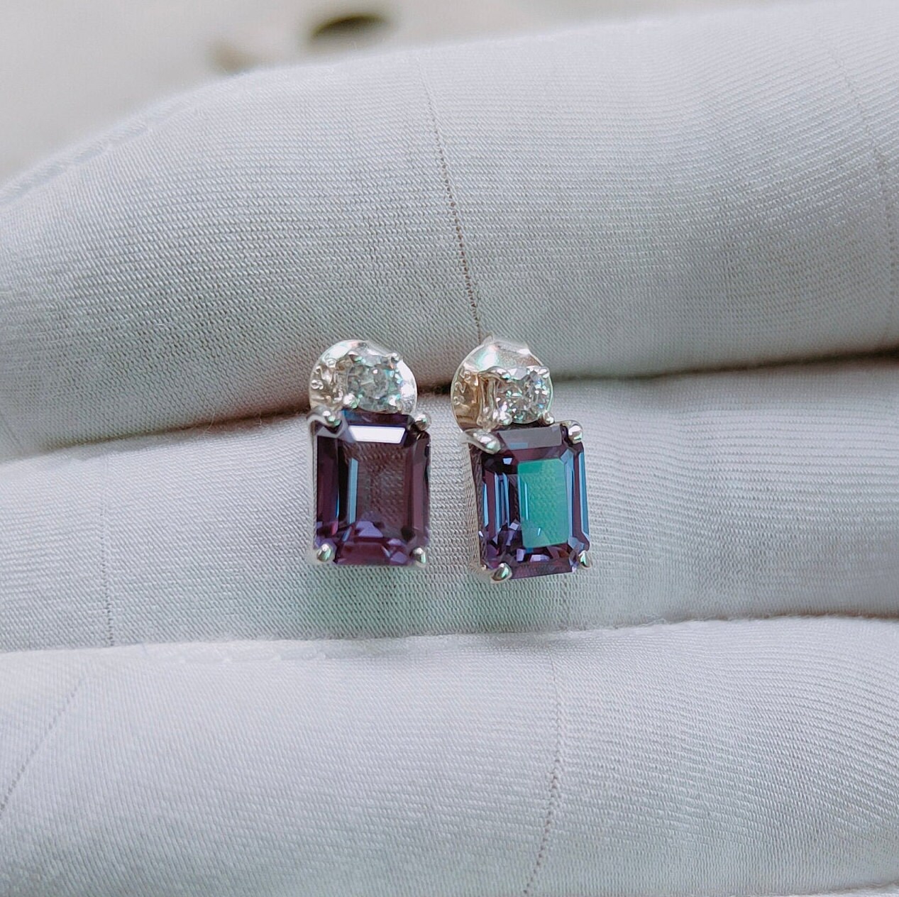 Alexandrite Stud Earrings, Lab Created Alexandrite Stud Earrings, 925 Sterling Silver Earrings, Octagon Alexandrite Earrings