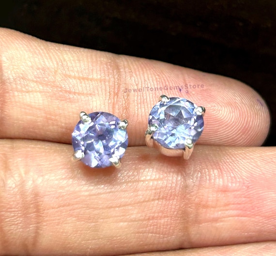 Alexandrite Stud Earrings: Round Purple Stone, 925 Sterling Silver