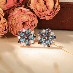 Alexandrite Earrings Studs - Gold Floral Earrings - Vintage Cluster Jewelry By Henryrocky