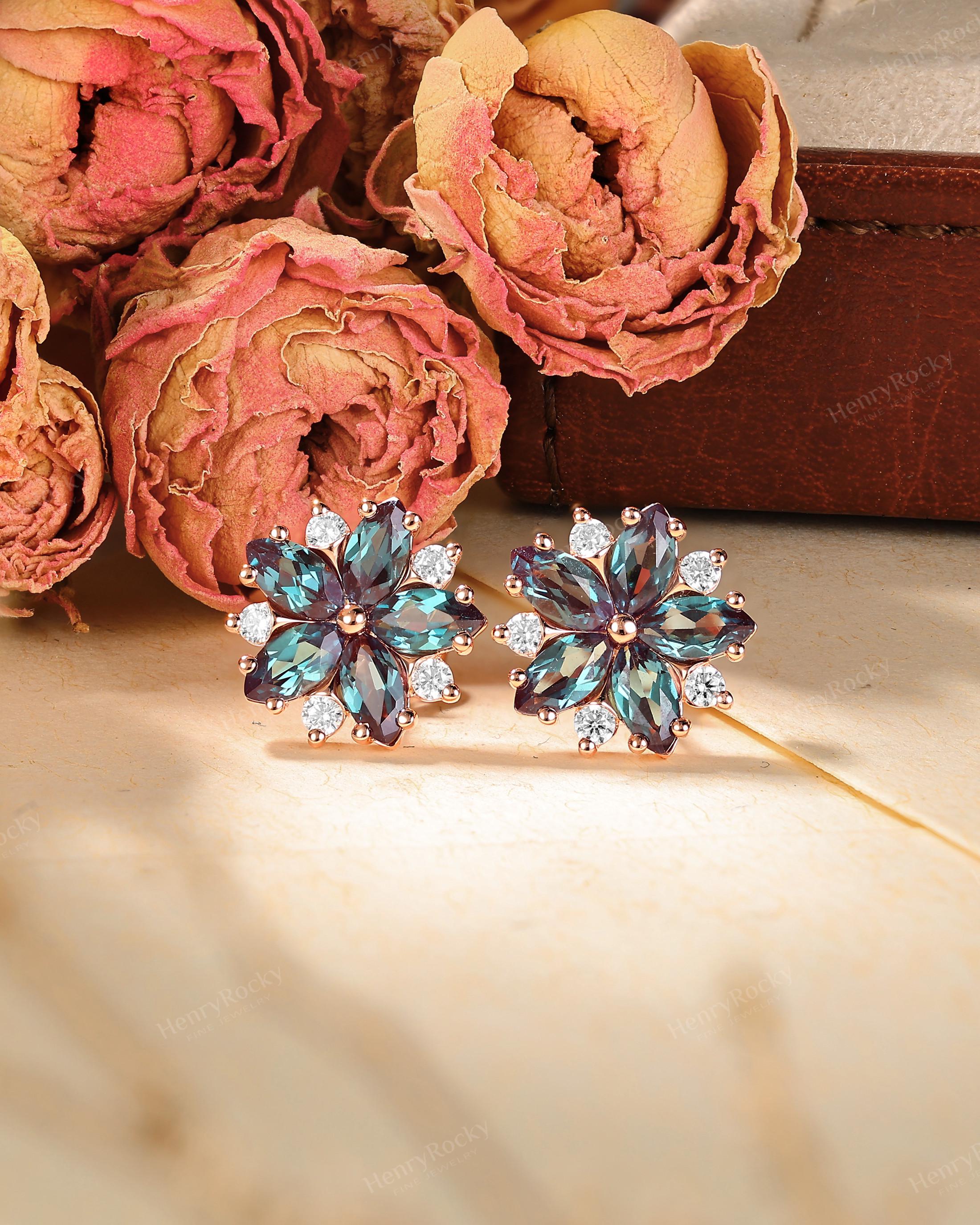 Alexandrite Earrings Studs - Gold Floral Earrings - Vintage Cluster Jewelry By Henryrocky Alexandrite Earrings Studs - Gold Floral Earrings - Vintage Cluster Jewelry By Henryrocky