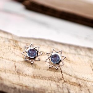 Alexandrite Sunburst Stud Earrings 14K Gold Alexandrite Gemstone Earrings Elegant Color Changing Earrings Unique Star Stud Earrings For Her