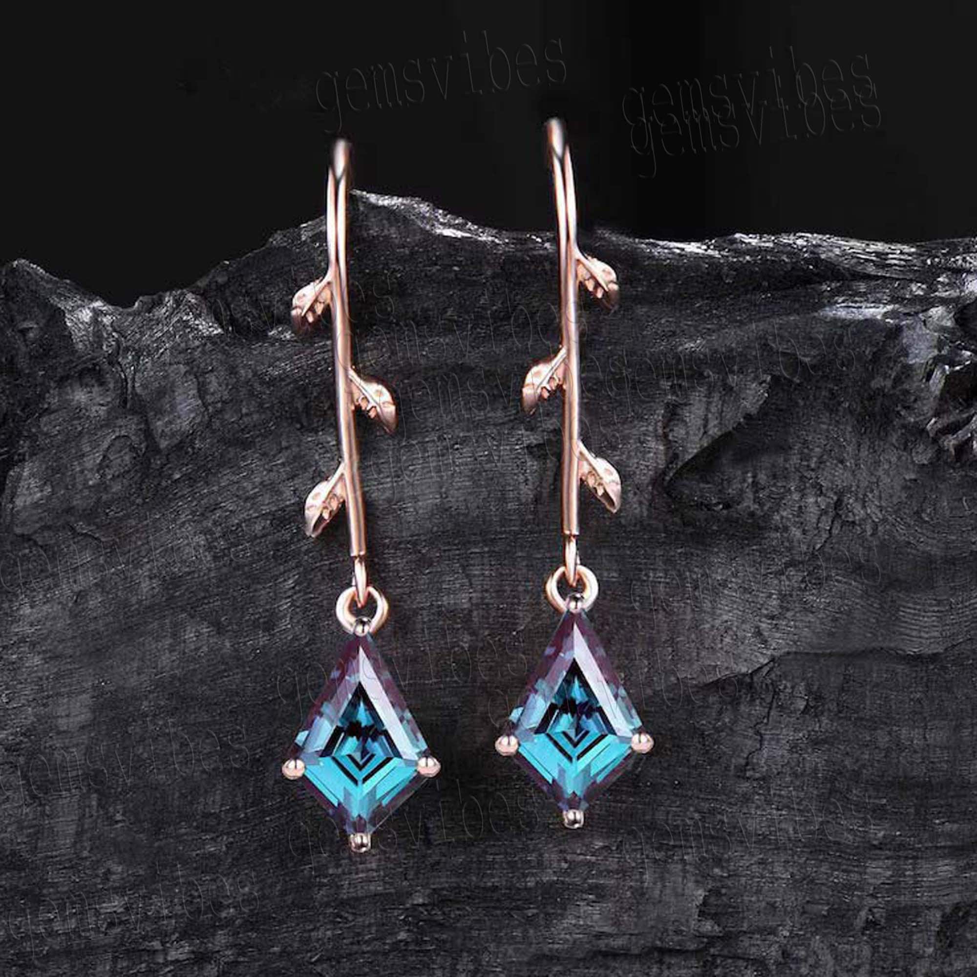 Vintage Alexandrite Leaf Earrings, 925 Sterling Silver Dangle Earrings