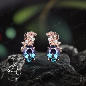 Vintage Oval Cut Alexandrite Wedding Stud Earrings Women Solid Rose Gold Nature Inspired Leaf Anniversary Earrings Jewelry Gift For Her