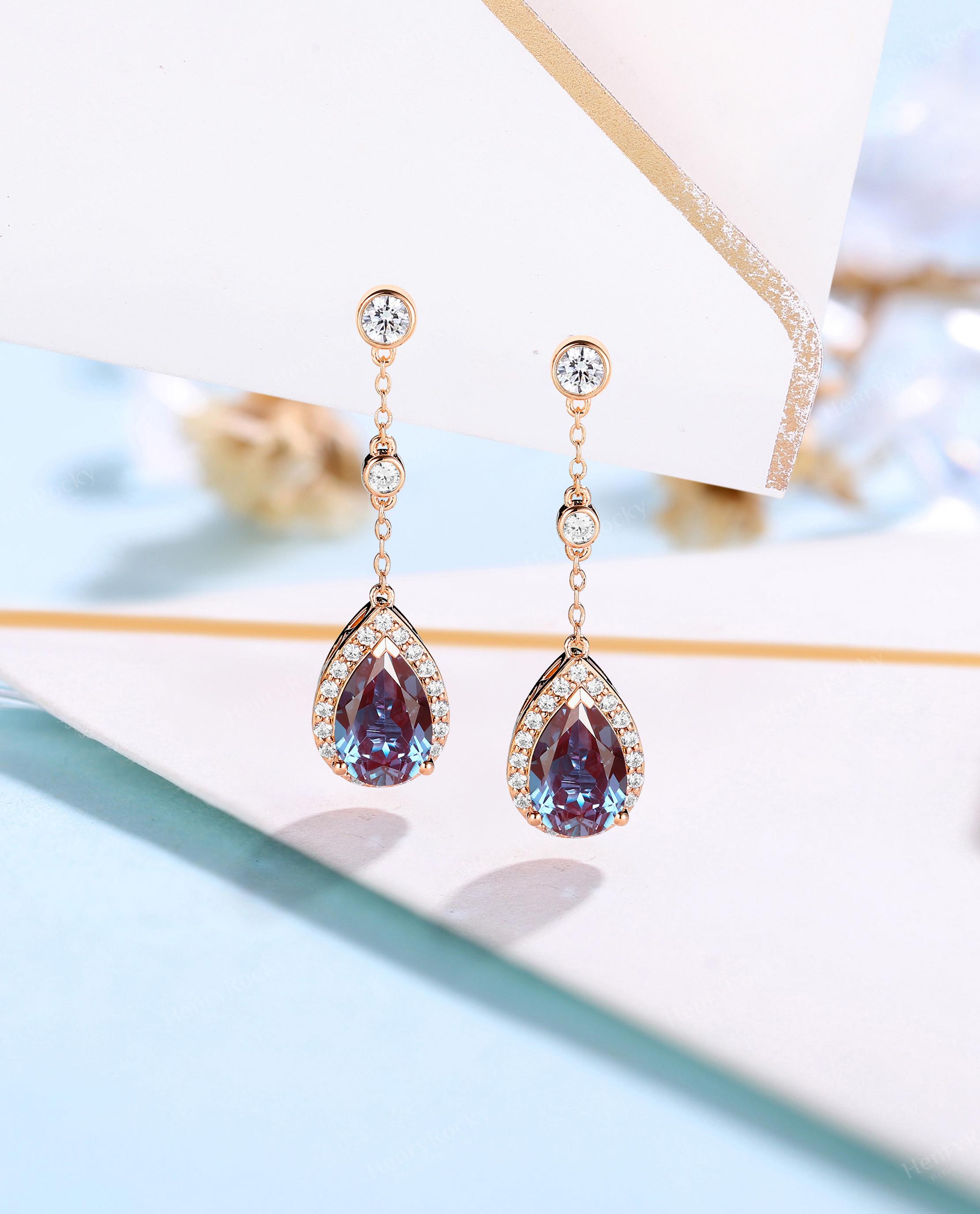 Vintage Pear Alexandrite Drop Earrings – 14k Gold Moissanite Halo Dangle Earrings | Elegant Statement Earrings Jewelry Gift Women