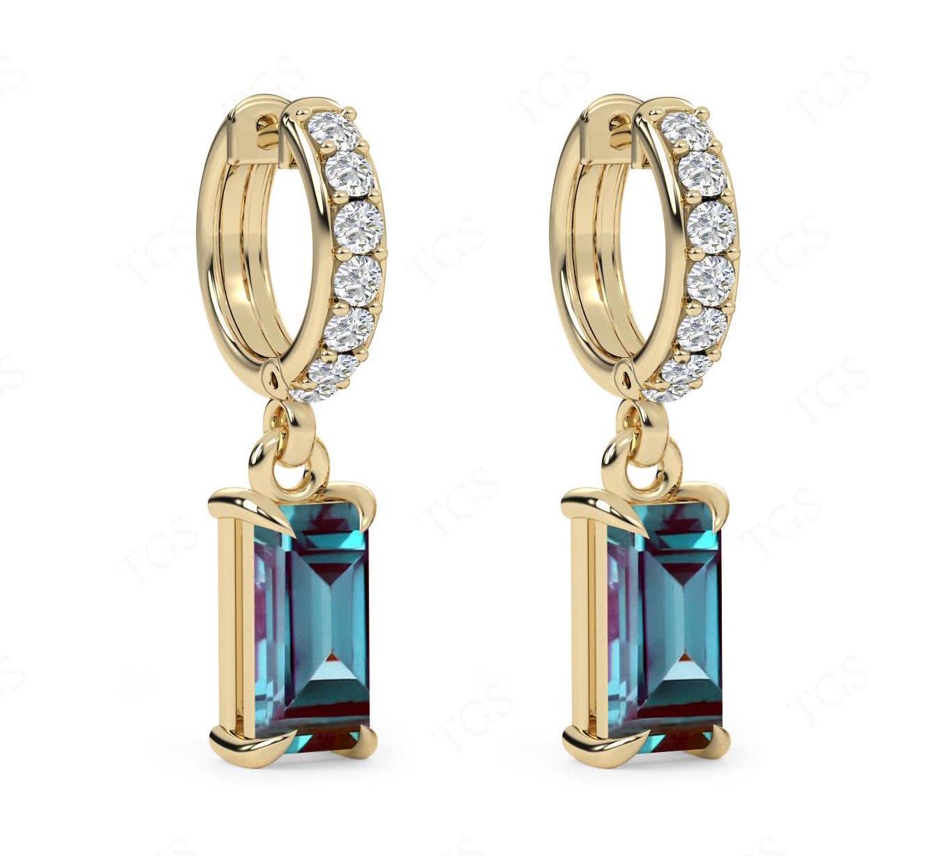Vintage Alexandrite Wedding Earrings For Her Art Deco Alexandrite Hoop Earrings Moissanite Earrings Unique Alexandrite Radient Cut Earrings