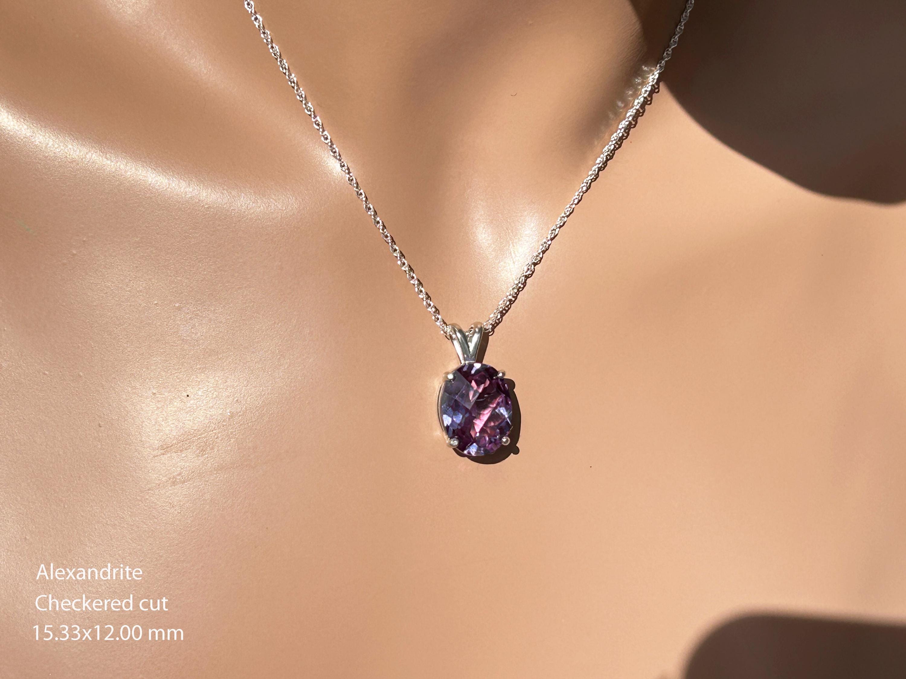 Color Changing Alexandrite Necklace / June / Sterling Silver / 10+ Ct Checkered Extra Facets 15.33 X 12mm / Lab Grown No Flaws Color Changing Alexandrite Necklace / June / Sterling Silver / 10+ Ct Checkered Extra Facets 15.33 X 12mm / Lab Grown No Flaws