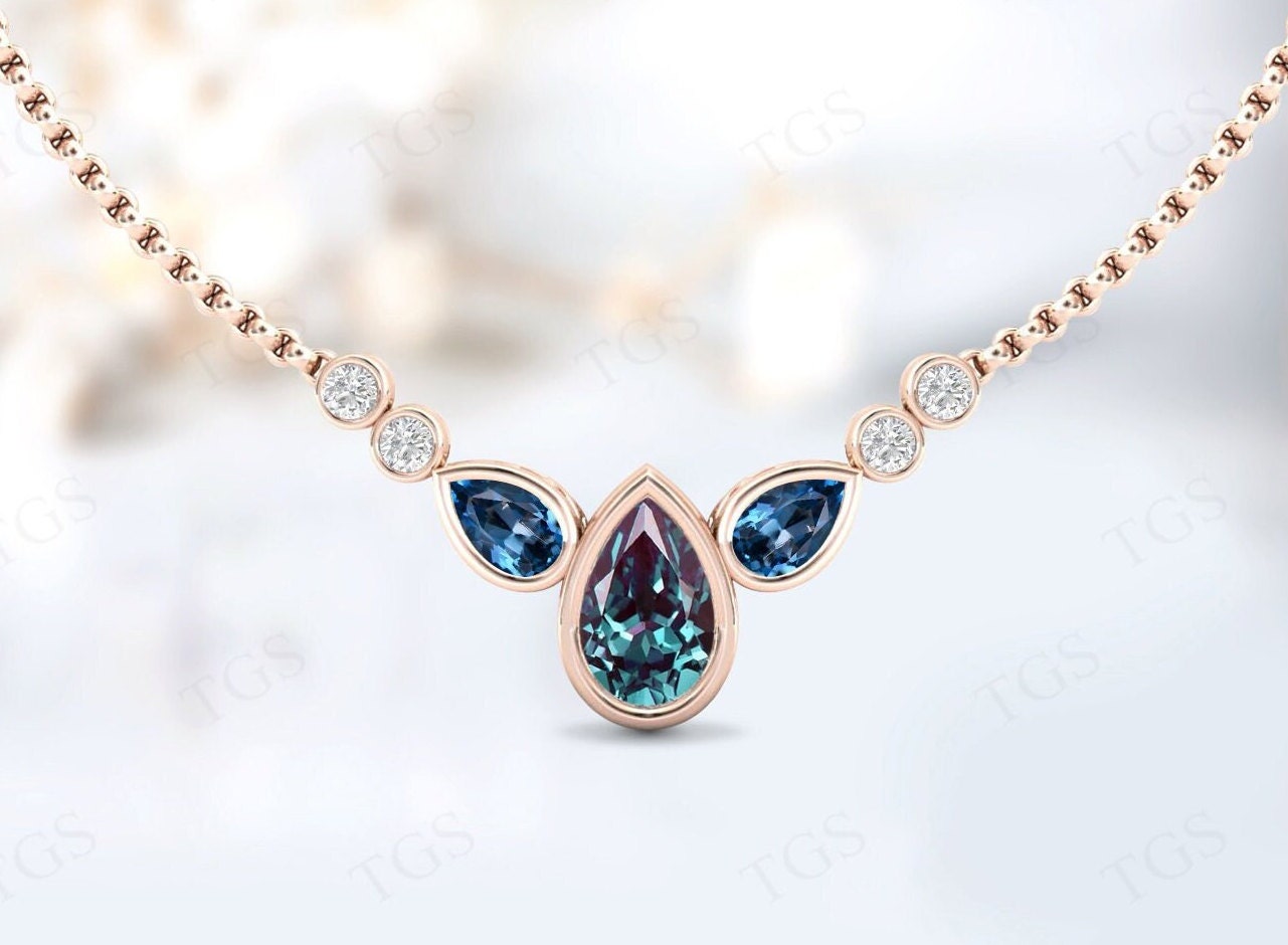 Pear Shaped Alexandrite Necklace For Women 925 Silver Art Deco Necklace Rose Gold Multi Gemstone Necklace For Wife Anniversary Gift For Her