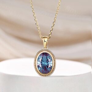 2ct Oval  Fireworks Cut Alexandrite Necklace Bezel 14K Yellow Gold Solitaire Color Change Necklace June Birthstone Vintage Milgrain Pendant