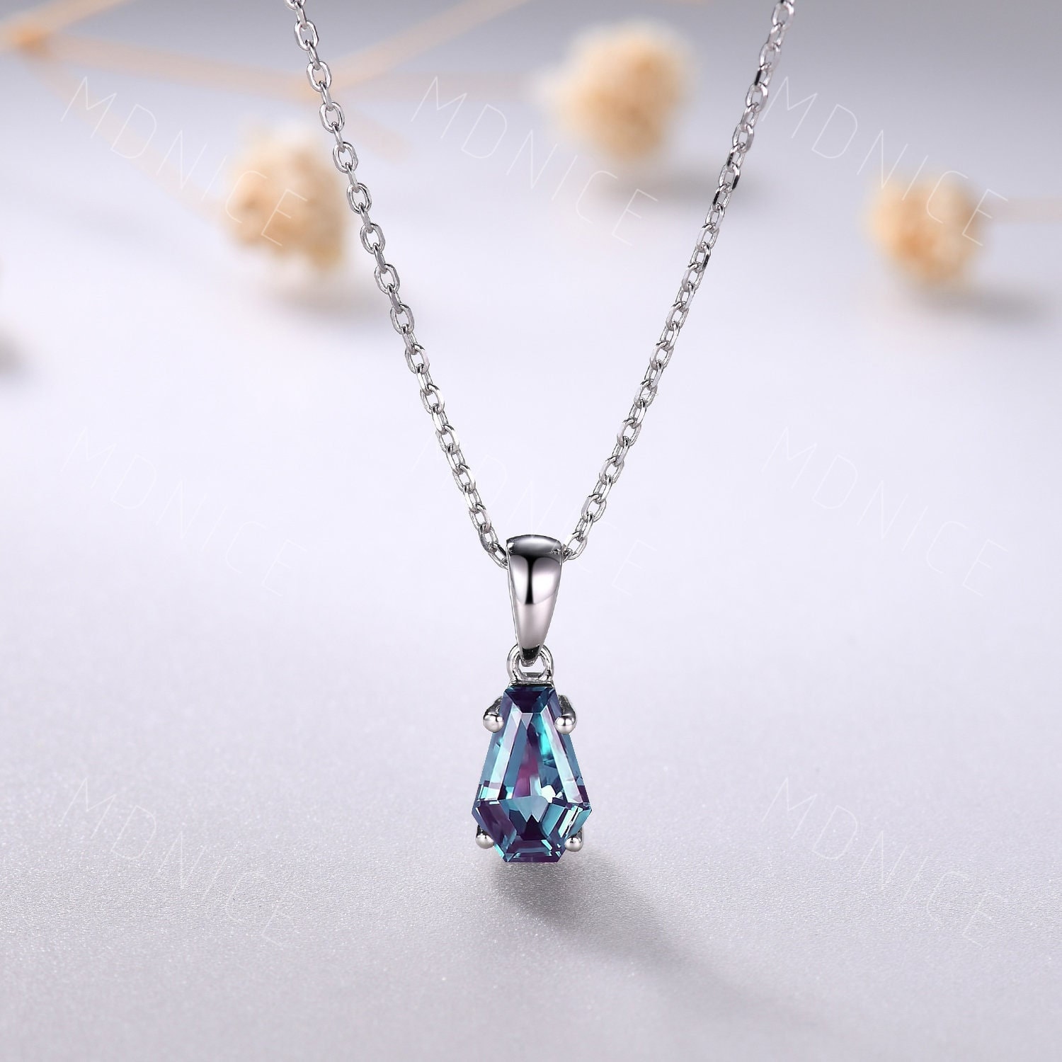 Coffin Alexandrite Pendant Necklace: Minimalist Gothic White Gold, 18''
