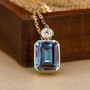 Color Changing Alexandrite Sterling Silver Necklace, Emerald Cut Pendant