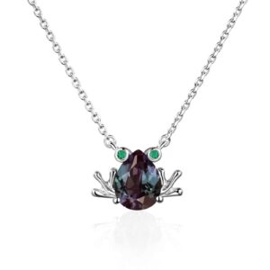 Customized Dainty Frog Pendant, Pear-shaped Deep Lab Alexandrite Necklace, Silver June Birthstone Color Changing Stone Necklace For Women
