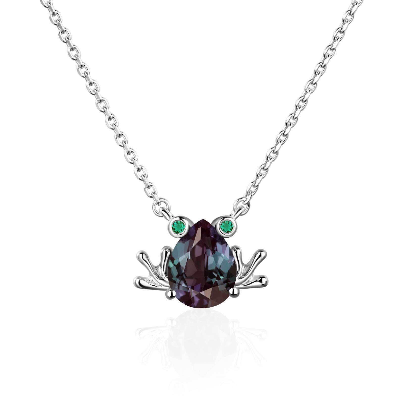 Customized Dainty Frog Pendant, Pear-shaped Deep Lab Alexandrite Necklace, Silver June Birthstone Color Changing Stone Necklace For Women